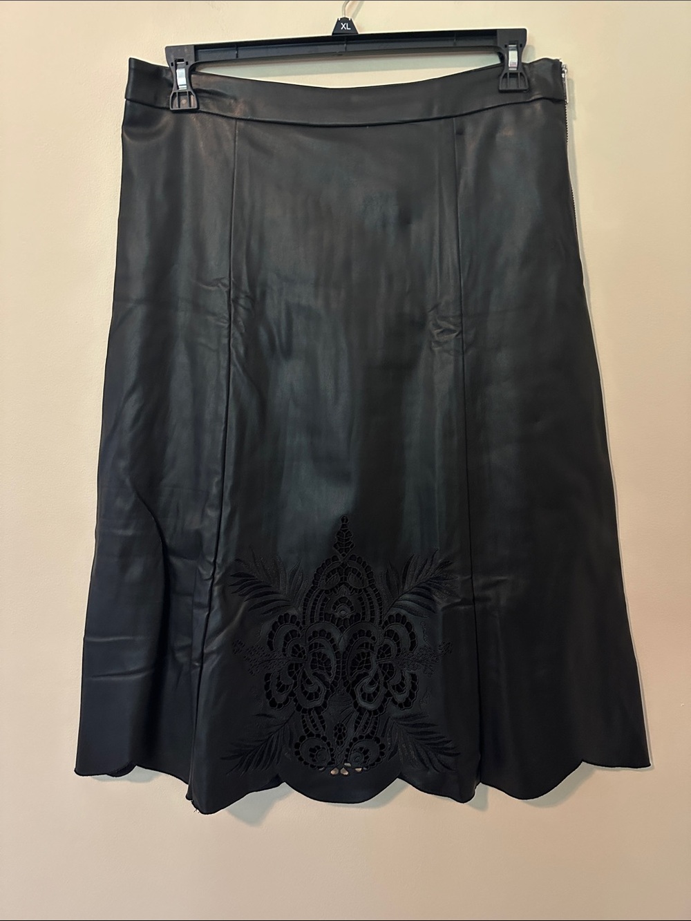 Karen Kane Black A-Line Leather Skirt with Scalloped Hem and Laser-Cut Detail